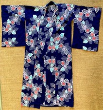 Japanischer Mädchen Kimono Yukata handgenäht indigo Blüten kleine Größe antik
