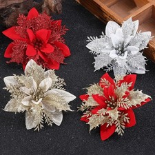 1/5/10xWeihnachtsdeko Weihnachtsstern glitzer Blume Baumschmuck gold rot Basteln