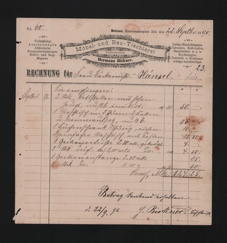 Meissen rechnung 1890 - rechnung,