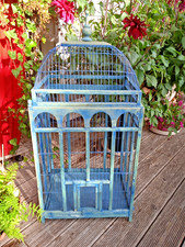 antiker, alter, größerer Vogelkäfig Holz Draht blau, detailreich, shabby, H 82cm