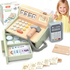 Holz Kasse Kinder, Holz Spielkasse Kinderkasse mit Scanner Kaufladen Spielzeug