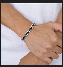 Kunstleder Herrenarmband Edelstahlarmband Männer Herren Armband Schwarz Silber