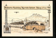 Künstler-AK Coburg, Briefmarken-Ausstellung Bayerische Ostmark 1936, Bus und Ei 