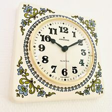 JUNGHANS Quartz 60s 70s Keramik Küchenuhr hellblau-grün Blumendekor Vintage *TOP