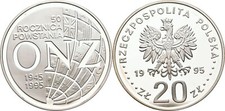 Polen 20 Zloty 1995 50 Jahre UNO offen, Kontaktmarken Original Münze #MUI111