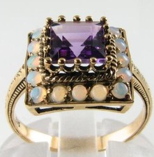 9K 9KT GOLD AMETHYST OPAL HALO QUADRATISCHER CLUSTER-RING Größe O & KOSTENLOSE GRÖSSENÄNDERUNG