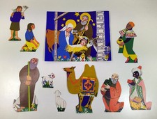 Pappkrippe mit 10 Krippenfiguren 70er Jahre Vintage Karton Weihnachtskrippe