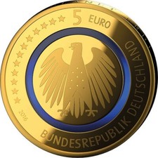 5 Euro Blauer Planer 2016 ST J mit 24 Karat fein vergoldet