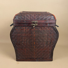 Orientalischer Vintage Korb geflochten Korb Holz Deckel Deckel Truhe Bambusgriffe Deckel