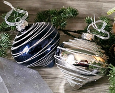 2 schöne Glas Christbaumkugeln--blau/silber Glitter--Tropfen-Baumschmuck-Kugel *
