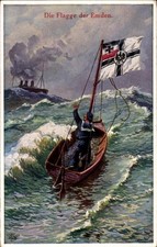 Ak Deutsches Kriegsschiff, SMS Emden, Flagge, Seemann im Rettungsboot - 11273388