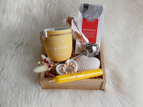 Geschenkset holzbox tasse tee - geschenkset,