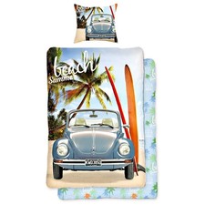 VW Käfer Bettwäsche Blau | 100% Baumwoll Linon/Renforcé | 135x200 cm & 80x80 cm 