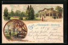 Lithographie Hamburg, Alsterpark, Besucher im Park bei einer Tasse Kaffee 1900 