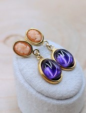 925 Silber vergoldet Ohrhänger, Ohrringe Italien, Kamee & lila Stein, ungetragen