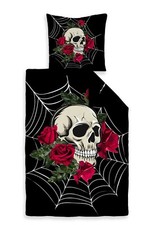 Bettwäsche 135x200 Mikrofaser Satin 2tlg Totenkopf Rosen schwarz rot bunt