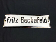 Antikes Emaille Schild Namensschild " Fritz Beckefeld " 27 cm um 1900