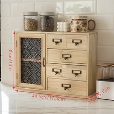 Vitrine Mini Holz 6 Schubladen Glastüren Schränkchen Regal Organizer Vintage