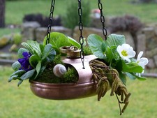 Blumenampel alte Wärmflasche Metall Kupfer Vintage DEKO Garten Balkon Terrasse