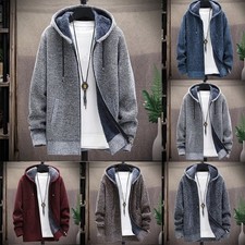 Herren dicke Fleece gefütterte Strickjacke mit Kapuze Winter Strick Sweatshirt