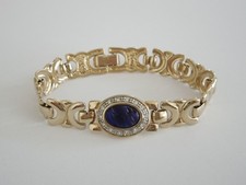 Vintage Armband goldfarben Glasstein Blau + Strasssteine Farblos 19,3 g/17,5 cm