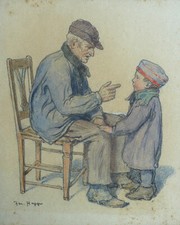 Jakob Happ (1861-1936). Großvater mit Enkel im Hessenkittel. Aquarell.