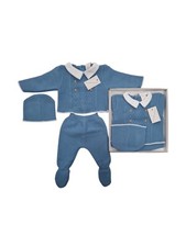 NEUGEBORENES BABY JUNGE SPANISCHES STRICKOUTFIT BLAU KINDERWAGEN SET + MÜTZE JUNGEN VERPACKT GESCHENK