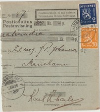 Aland Postanweisung HAMMARLAND, Mischfrankatur, portogerecht, Ankunftsstempel