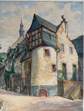 Aquarell  Beilstein, Bachstrasse, Wachtturm, ca1920, Maler Peter Holzenthal,