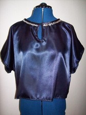 Bluse Satin XL dunkelblau silber Pailletten 20er 20ies Motto Party Kimono Kostüm