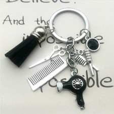 Friseur Schere Haar Trockner Kamm Schlüsselanhänger Farbe Silber/Schwarz