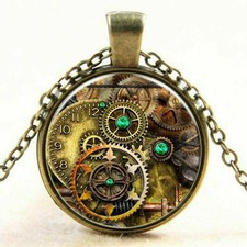 Steampunk Vintage Kompass Halskette Uhr Glas Cabochon Collier Schmuck Anhänger