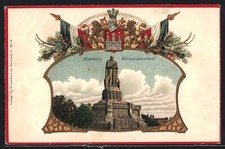 Lithographie Hamburg-St. Pauli, Bismarckdenkmal, Fahnen, Wappen 
