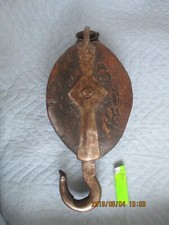Antiker Schiffsblock Umlenkrolle aus Holz und Schmiedeeisen Höhe 43cm
