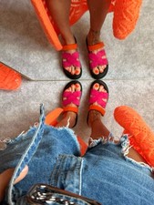 Damen Pantoletten Italy Design Fuchsia Orange Sandalen Wildleder Optik Gr. 39