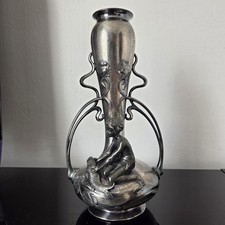 WMF Vase Signiert Jugendstil 1900 German Jugendstil aus Zinn Junge mit Fisch