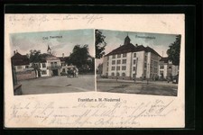 Frankfurt a. M.-Niederrad, Ansichtskarte, Cafe Frauenhof und Frauenhofschule 