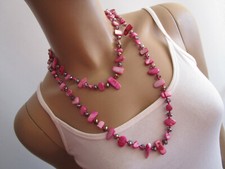 Damen Hals Kette Modekette Bettelkette lang Perlmutt Perlen Pink Endloskette