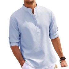 2025 NEU Herren Stehkragenhemd Freizeithemd mit Knopfleiste Shirt schlicht Basic