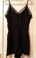 Jumpsuit XS 34 Satin Spitze Schwarz Gummizug Spaghetti Träger Verstellbar