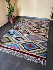 Teppich, Schurwolle, handgewebter Wollteppich, Kelim, Creme mit Rauten NEU