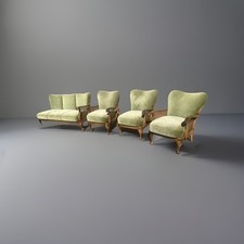 Couchgarnitur Holz Korbgeflecht mit grünem Samt + 3 Lounge Sesseln