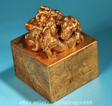 3.4" Alte Tibet Bronze 24K Gold Gilt Drachen imperiale Jade Siegel Statue