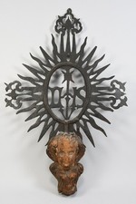 N92Y15- Barock Vortragekreuz Eisen & Putti Holz geschnitzt 18.Jh