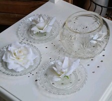 Kerzenglas geschliffen und  3 Tellerchen,  Glas Nostalgie Vintage.