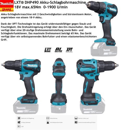 Makita dhp490z 18v max 65nm - makita, max.65nm