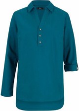 Neu Tunika mit Leinen-Anteil lang Gr. 38 Blaupetrol Damen Bluse Hemd Shirt Top
