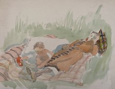 Charlotte Zurek 1910-1971 Mutter schläft und Baby spielt im Freien Wiese Decke 