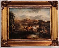 Ölbild Holz handgemalt signiert U. Becker Kühe im Wasser Bäuerin Gemälde Rahmen