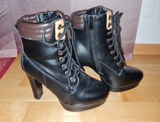 hohe Plateau-Schuhe Gr. 36 schwarz m. braun Schnürung Stiletto gefüttert 
